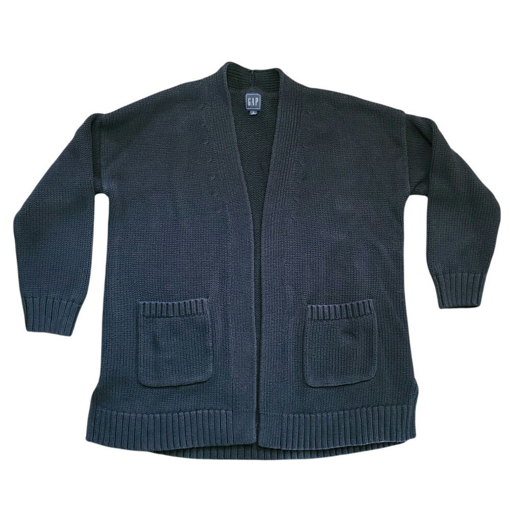 Gap Cardigan Womens L Petite Black Chunky Cable Knit Patch Pocket Cozy‎ Sweater